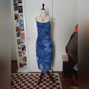 *SOLD* Vintage Byer Too! Blue Digital Print Assymetrical Mesh Dress